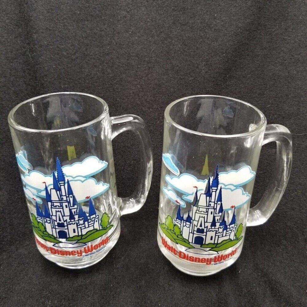 Vintage Walt Disney World Souvenir Glass Mugs Magic Kingdom Lot of 2